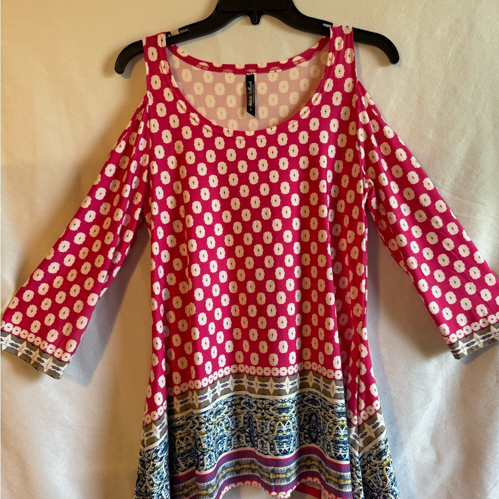 White Mark Pink and Cream Patterned Cold Shouler Blouse